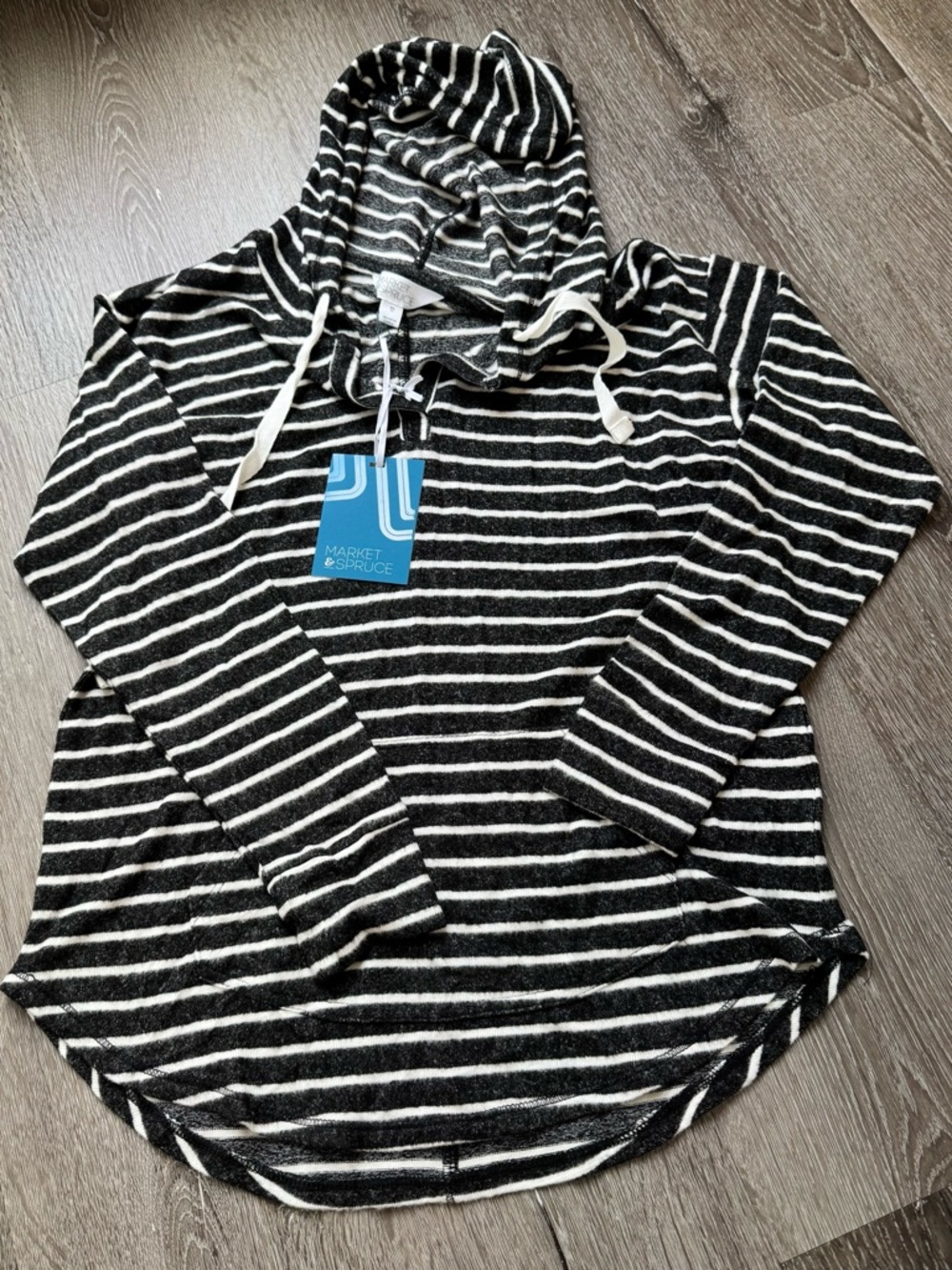 Market & Spruce Striped Hoodie Pullover Black White XS Soft Knit Lightweight